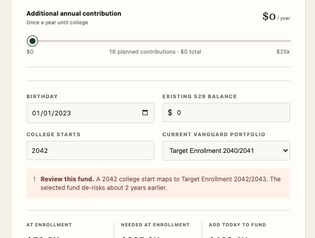 College Runway child account details and target-enrollment portfolio warning